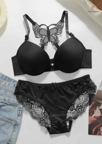 Women's sexy embroidered lace lingerie set for front gathered push ups back butterfly comfortable and close fitting bra set secondary