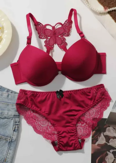 Women's sexy embroidered lace lingerie set for front gathered push ups back butterfly comfortable and close fitting bra set