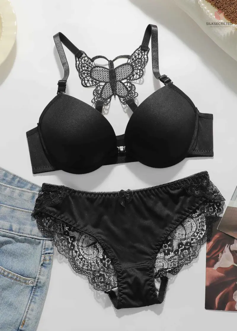 Women's sexy embroidered lace lingerie set for front gathered push ups back butterfly comfortable and close fitting bra set