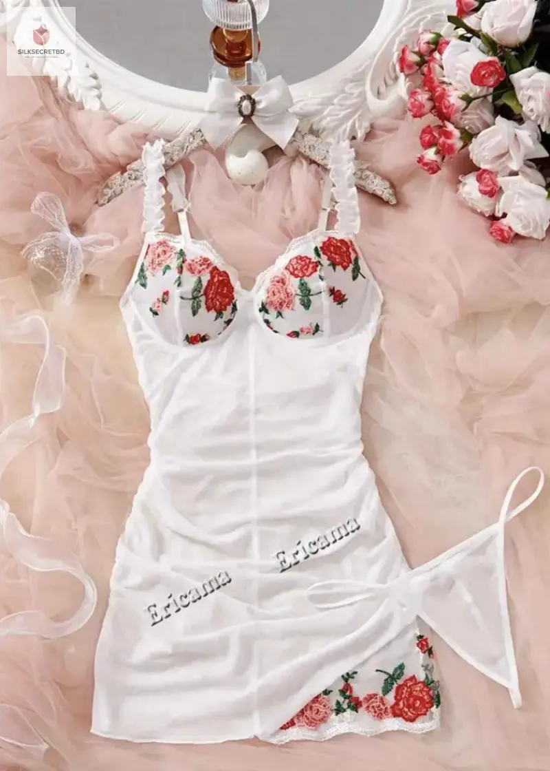 Floral Embroidery Deep-V Satin & Lace Nightwear Set