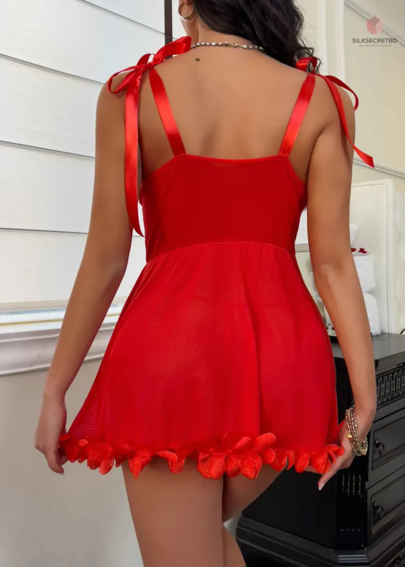 Romantic Red Babydoll Lingerie Chemise with Floral Lace Trim Adjustable Bow Straps Sweetheart Neckline
