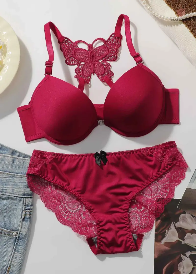 Women's sexy embroidered lace lingerie set for front gathered push ups back butterfly comfortable and close fitting bra set