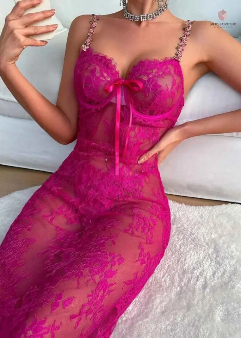 New Sexy Lace Mesh Transparent Embroidered Strap Dress Elegant Rose Red Long Dress V Neck