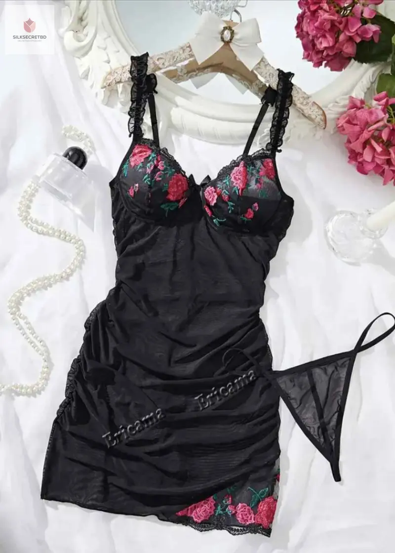 Floral Embroidery Deep-V Satin & Lace Nightwear Set