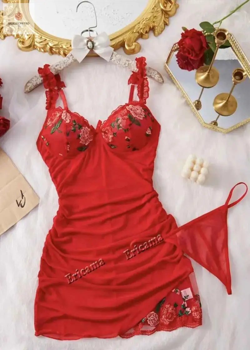 Floral Embroidery Deep-V Satin & Lace Nightwear Set